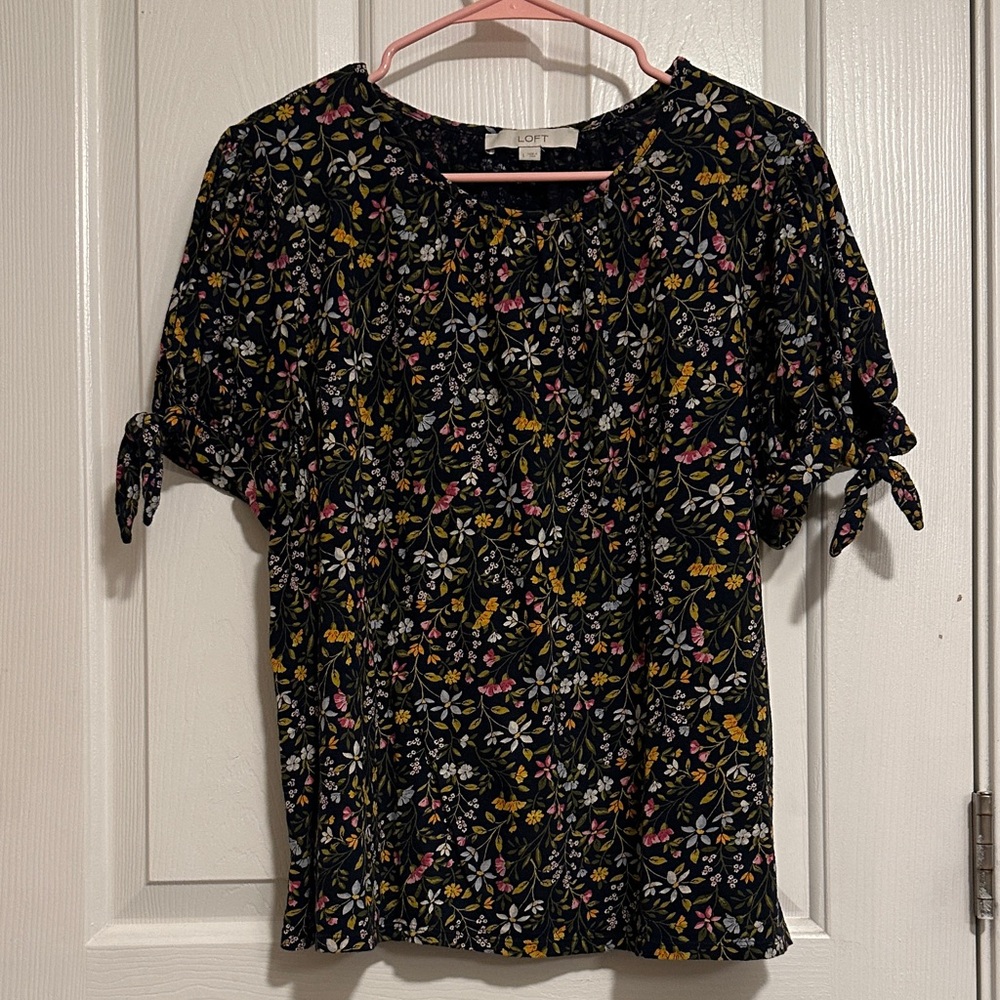 LOFT Black Floral Blouse with Tie Sleeves